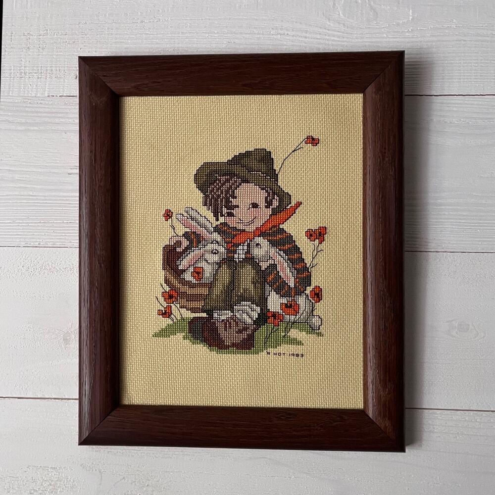 Boy & Rabbits Bunnies Finished Cross Stitch Vintage Hummel Nursery Child Cottage